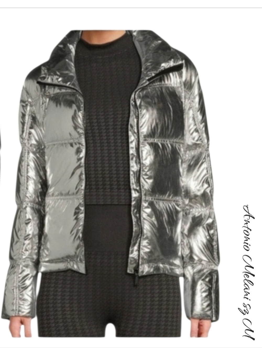 Antonio Melani Silver Metallic Stand Collar Front Zip Ski Puffer Jacket Sz M